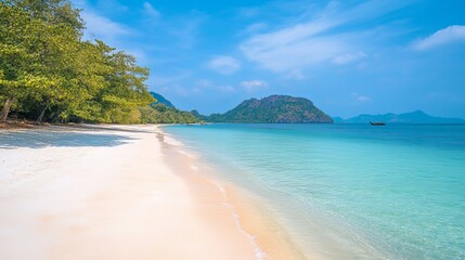 Fototapeta premium Serene tropical beach scene with white sand and turquoise water calm ocean stunning island paradise
