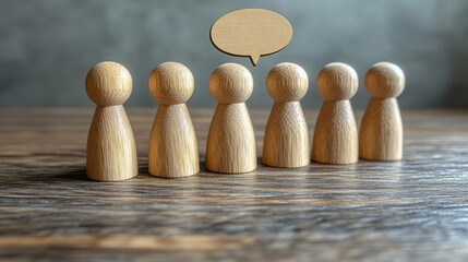 Teamwork concept: A group of wooden figures, each with a unique silhouette, gather together atop a weathered wooden surface, symbolizing the synergy of minds and collaborative teamwork.