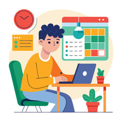 Young man with computer fills schedule calendar vector 