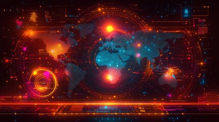 Fototapeta premium Digital World Map: A vibrant digital rendering of a world map pulsates with glowing lines, intricate details, and abstract elements. This visualization conveys connectivity, information flow.