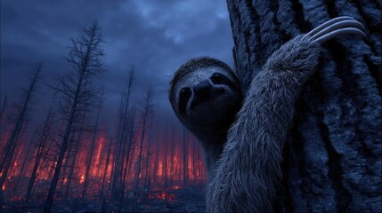 Endangered species suffering from burned habitat loss concept. A sloth clings to a tree in a dark, smoky forest at dusk.