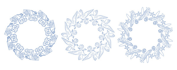 Decorative wreath designs featuring floral elements and various motifs on a white background
