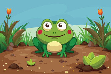 Fototapeta premium A green frog with bright eyes and small red cheeks sits happily on the ground, surrounded by lush grass and colorful flowers under a clear blue sky.