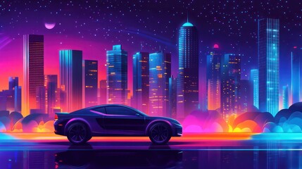 Futuristic car night drive urban cityscape digital art neon lights side view vibrant fantasy