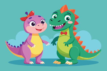 Fototapeta premium Two colorful cartoon dinosaurs, a purple one with a red bow and a green one with a bow tie, are happily engaging in a friendly interaction against a bright background.