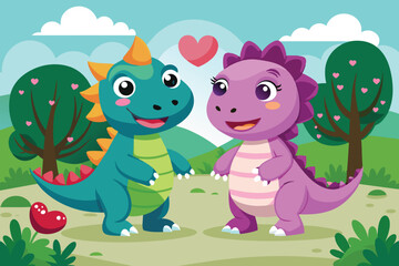 Fototapeta premium Two adorable cartoon dinosaurs express their affection for each other in a vibrant park, surrounded by trees, hearts, and a cheerful landscape under a clear blue sky.