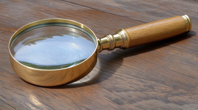 Magnifying Glass on Wooden Surface: A classic magnifying glass rests upon a warm, wooden surface, offering a glimpse of the world in close detail. It evokes curiosity and the joy of discovery.