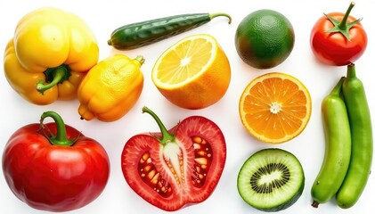 Naklejka premium Variety of organic fruits & vegetables isolated on white, wholesome, local