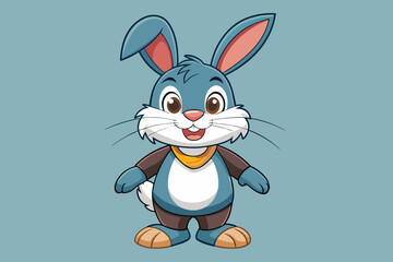 Obraz premium A cheerful cartoon rabbit stands with arms outstretched, wearing a black vest and a friendly smile, set against a simple, calming background.