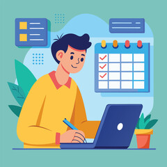 Fototapeta premium Young man with computer fills schedule calendar vector 