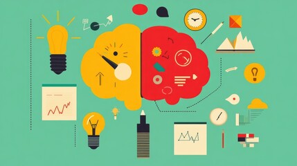 Fototapeta premium Creative Brainstorming Concept with Light Bulbs, Graphs, and Icons on Green Background
