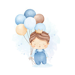 Watercolor Illustration Baby Boy Holds Balloons