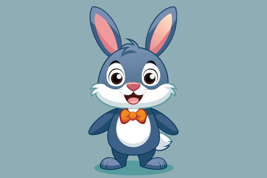 A cartoon rabbit with a friendly face and playful posture dons a bright orange bow tie, exuding a sense of happiness and approachability for kids.