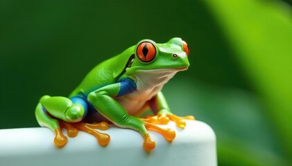 Obraz premium Green tree frog perched on white, vibrant skin, white backdrop, white background