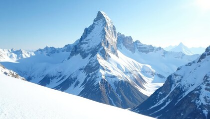 Snow-covered mountain peak, pristine white landscape, mountaintop, crystal
