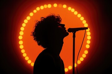 Silhouette of Singer Performing on Stage with Dramatic Circular Backlight Effect