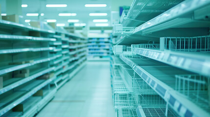 Empty supermarket shelves with bare metal rack, minimalist composition showing scarcity and lack of products. Concept of supply chain issues, retail challenges and economic crisis.