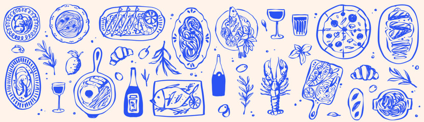 Set of Hand Drawn Foods Doodle Mediterranean Matisse Whimsical Italian Food and Drink, Summer Tropical and Sea Food Line Drawing Vector