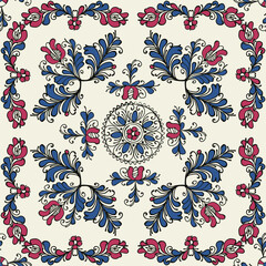 Decorative background illustration inspired from Korond, Transylvania traditional ceramics, tile works and pottery. Editable seamless vector pattern.