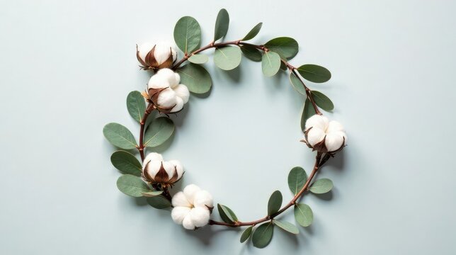 Serene arrangement of cotton blossoms and eucalyptus leaves forming a delicate circular frame on a pastel background