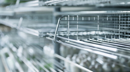 Empty supermarket shelves with bare metal rack, minimalist composition showing scarcity and lack of products. Concept of supply chain issues, retail challenges and economic crisis.