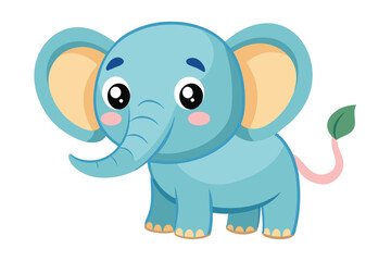 Fototapeta premium A cheerful, cartoon-like blue elephant with large ears and a small pink tail is standing playfully against a simple white background, inviting smiles.