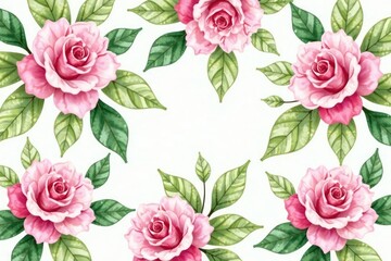 Delicate watercolor roses, lush green leaves, repeating pattern , texture, bloom, design