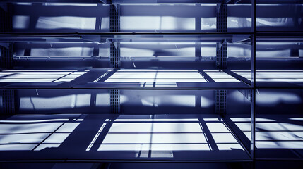 Empty supermarket shelves with bare metal rack, minimalist composition showing scarcity and lack of products. Concept of supply chain issues, retail challenges and economic crisis.