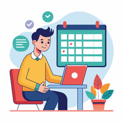 Young man with computer fills schedule calendar vector 