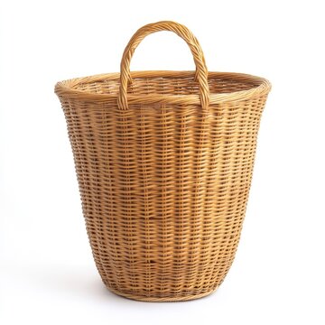 Oval rattan laundry basket with white background,
