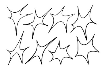 Curved Drawn Starburst Sparkle Line Art. A modern set of 8 abstract sparkle and starburst icons drawn in smooth flowing line art with elongated curves, bold motion, and minimalist styling
