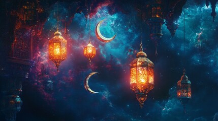 Mystical lanterns and crescents enchanted sky digital art fantasy environment ethereal viewpoint celestial concept