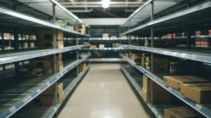 Fototapeta premium Empty supermarket shelves with bare metal rack, minimalist composition showing scarcity and lack of products. Concept of supply chain issues, retail challenges and economic crisis.