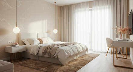 bedroom interior with big curtain