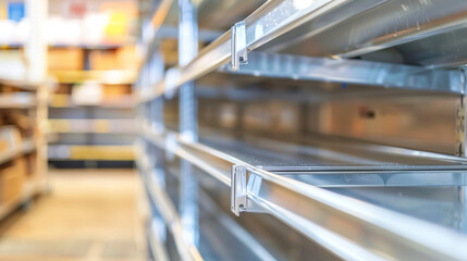 Empty supermarket shelves with bare metal rack, minimalist composition showing scarcity and lack of products. Concept of supply chain issues, retail challenges and economic crisis.