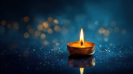 Single lit candle in a decorative holder on reflective surface with blurred warm bokeh lights in a dark, serene background creating a calm and peaceful atmosphere