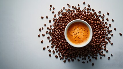 White background with coffee beans and a cup of espresso on the right side, a flat lay banner for commercial use, with a copy space concept. Top view, high-resolution photography, minimalist style, wh