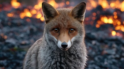 Fototapeta premium Endangered species struggling with climate change impact concept. A majestic fox surrounded by a fiery, dramatic landscape.