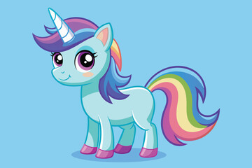 Naklejka premium This adorable unicorn features a light blue body, a vibrant rainbow mane and tail, and a sparkling horn, radiating joy and whimsy in its playful pose.