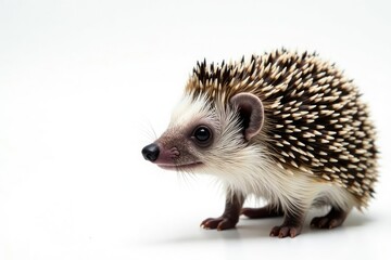 Fototapeta premium Close-up of a single hedgehog against a stark white backdrop, wildlife photography, studio shot
