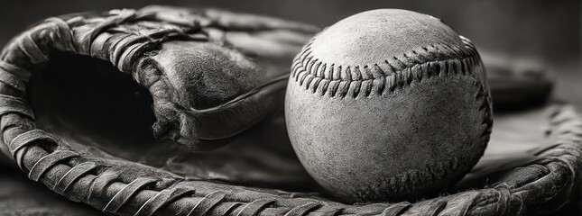 Close-up of a worn baseball resting inside an old leather baseball glove with intricate stitching, evoking a nostalgic and timeless sports atmosphere in monochrome tones