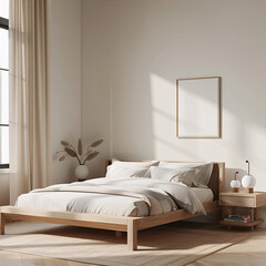Frame mockup poster hanging on the white wall in the scandinavian bed room with decoration