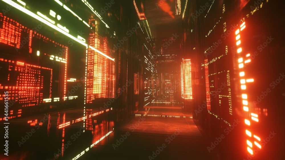 Poster digital data flow simulation virtual environment 3d graphics futuristic perspective connectivity and