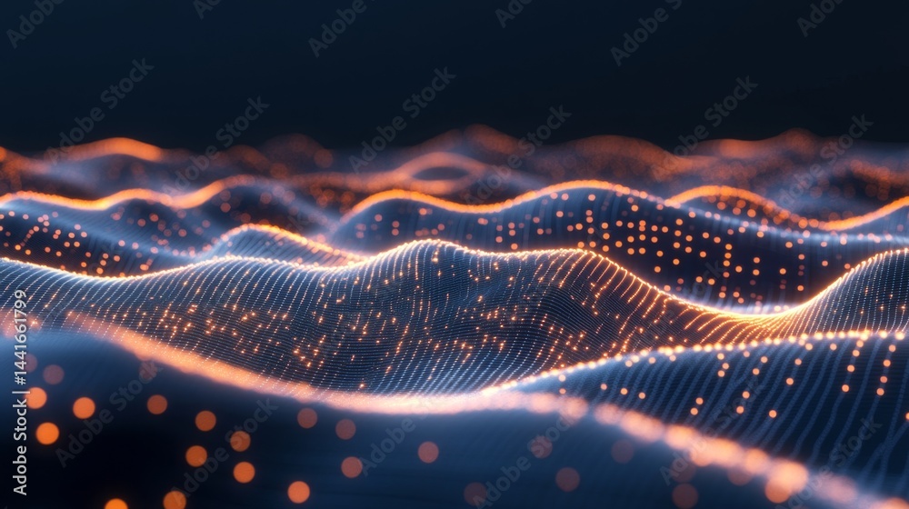 Poster dynamic data visualization waves virtual space abstract art digital environment close-up view techno