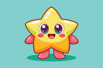 Fototapeta premium A cheerful cartoon star character with large eyes and rosy cheeks, presenting a playful demeanor against a solid light blue backdrop, evokes joy and creativity.