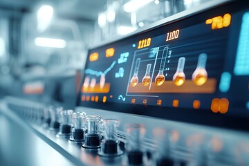 Modern laboratory control panel with digital interface and scientific instruments, showcasing technology and data analysis in a research setting.
