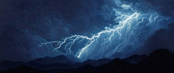 Powerful lightning striking through dark, stormy clouds over a mountainous landscape at night, creating a dramatic and intense natural scene