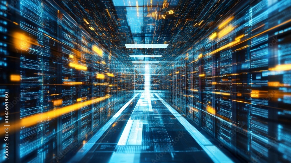 Poster data transfer action in a futuristic data center digital environment technology concept with high-sp
