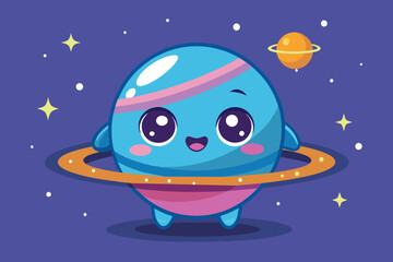 Naklejka premium A cheerful blue planet character with large eyes and a pink stripe gently spins in space while wearing a ring, accompanied by a smaller Saturn nearby, all against a starry backdrop.
