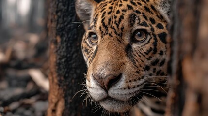 Naklejka premium Endangered species suffering from burned habitat loss concept. Close-up of a jaguar in a forest environment, showcasing its beauty.